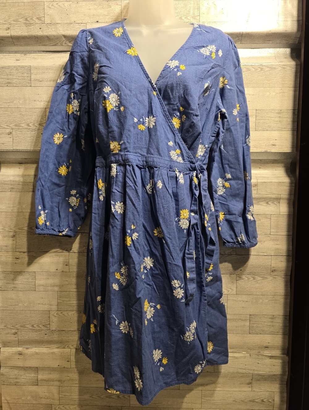 Old Navy Blue Floral Wrap Dress with Yellow & White Daisies
